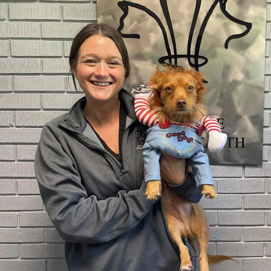 Female Smiling And Holding Small Dog Wearing Good Dog Outfit